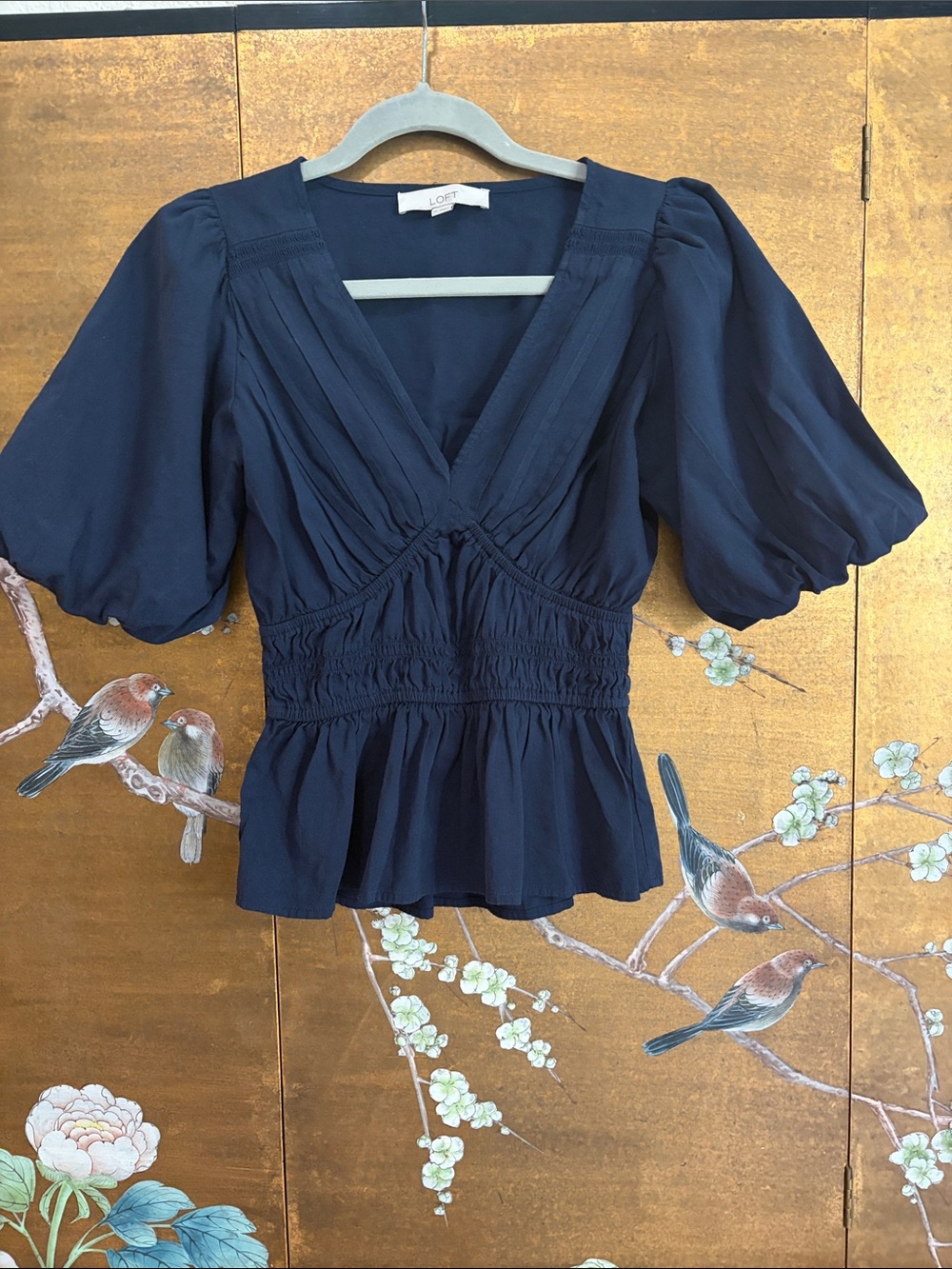 Loft cotton blend puff sleeved, smocked V neck top, navy, old money, preppy